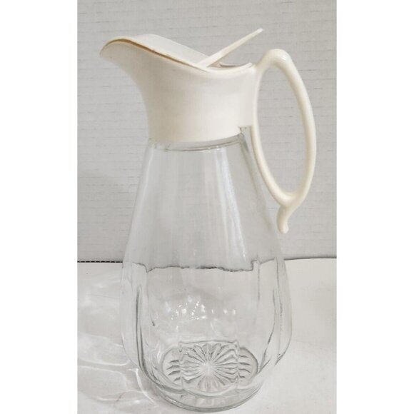 Vintage Log Cabin Syrup Dispenser Bottle Pitcher Clear Glass White Lid Handle - Picture 2 of 4